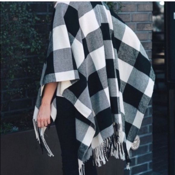 Ivory & Black Buffalo Plaid Poncho Sweater Wrap - Picture 4 of 9